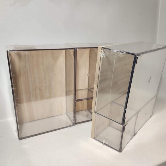 NEW Drawer Desktop Organizer 8 Piece Set Acrylic Clear with Wooden Lids Office - Picture 11 of 14